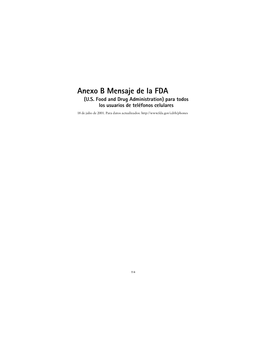 Anexo b mensaje de la fda | Nokia 2600 User Manual | Page 115 / 185