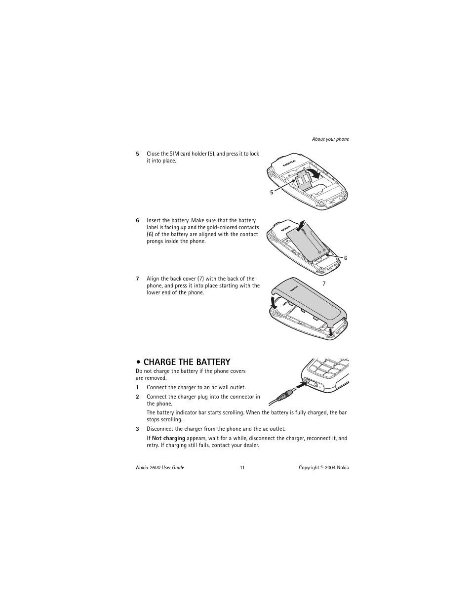 Charge the battery | Nokia 2600 User Manual | Page 12 / 185