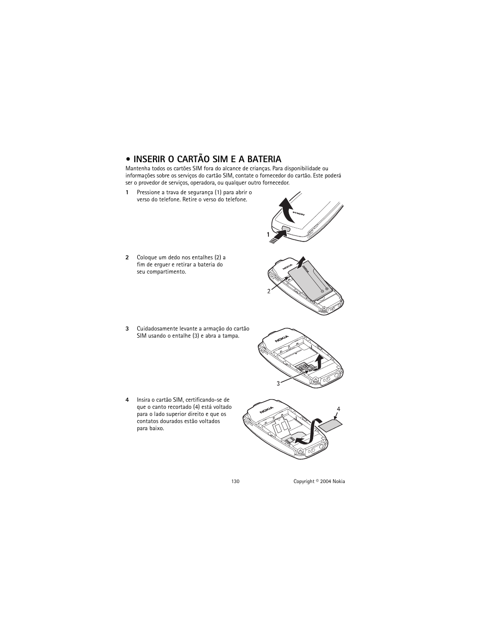 Inserir o cartão sim e a bateria | Nokia 2600 User Manual | Page 131 / 185