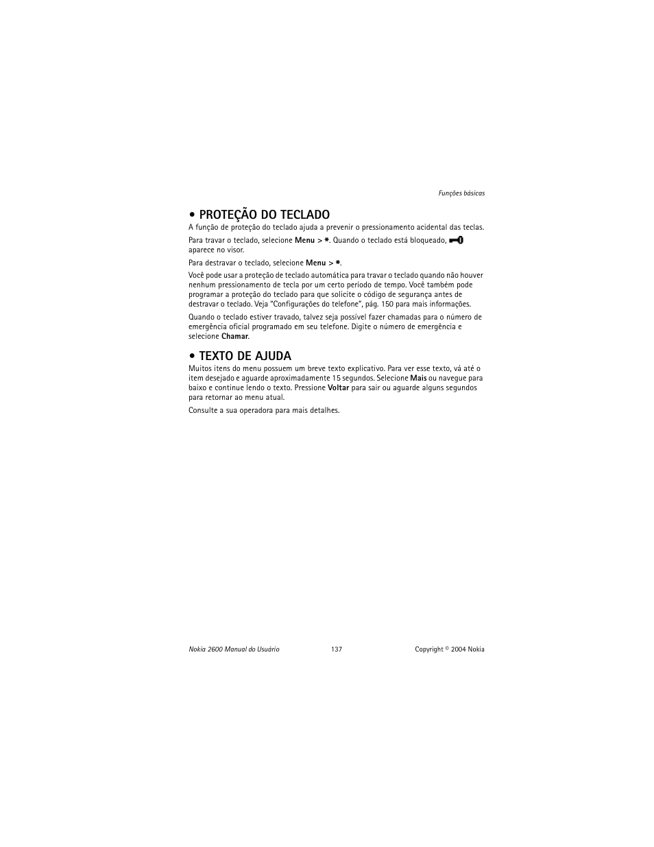 Proteção do teclado, Texto de ajuda, Proteção do teclado texto de ajuda | Nokia 2600 User Manual | Page 138 / 185