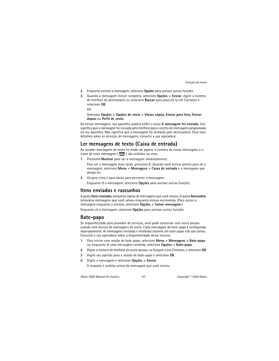 Ler mensagens de texto (caixa de entrada), Itens enviados e rascunhos, Bate-papo | Nokia 2600 User Manual | Page 142 / 185