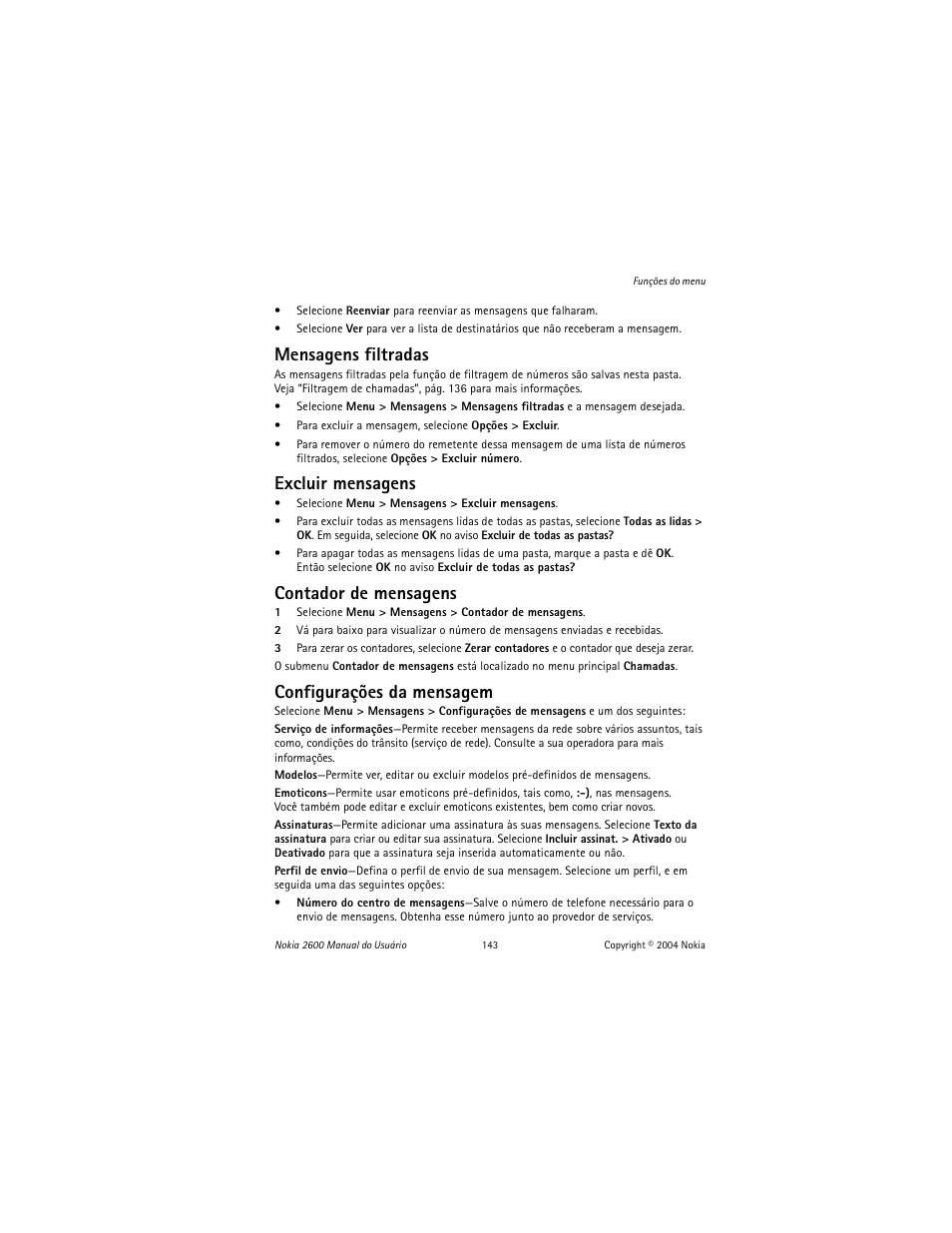 Mensagens filtradas, Excluir mensagens, Contador de mensagens | Configurações da mensagem | Nokia 2600 User Manual | Page 144 / 185