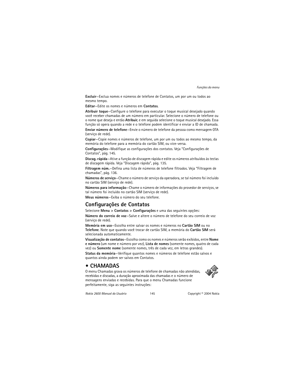 Chamadas, Configurações de contatos | Nokia 2600 User Manual | Page 146 / 185