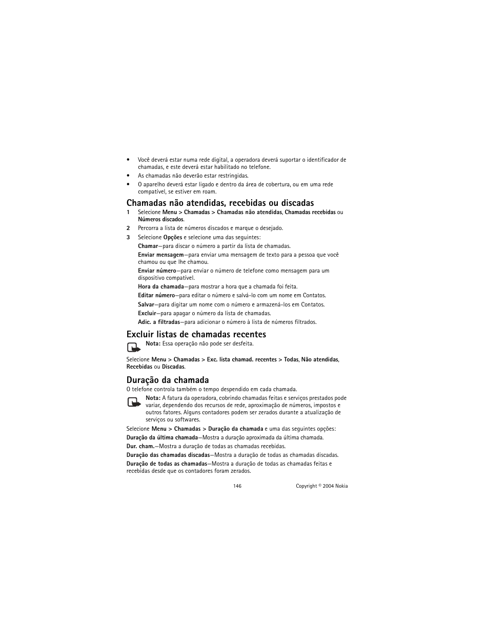 Chamadas não atendidas, recebidas ou discadas, Excluir listas de chamadas recentes, Duração da chamada | Nokia 2600 User Manual | Page 147 / 185