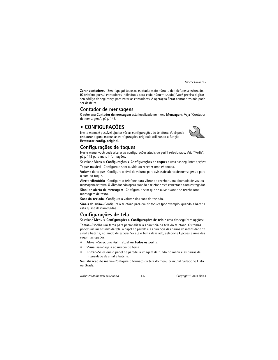 Configurações, Contador de mensagens, Configurações de toques | Configurações de tela | Nokia 2600 User Manual | Page 148 / 185