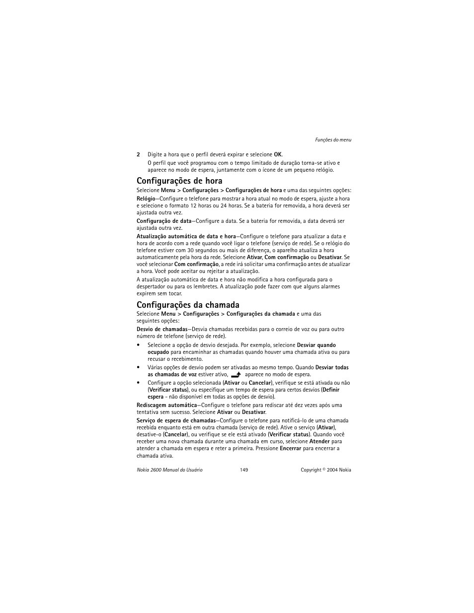 Configurações de hora, Configurações da chamada | Nokia 2600 User Manual | Page 150 / 185