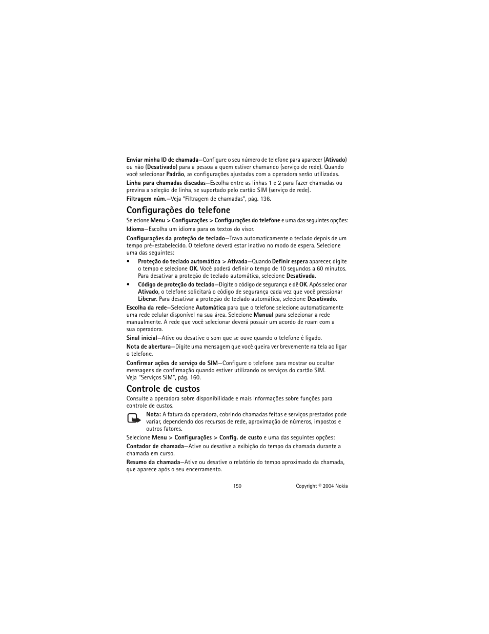 Configurações do telefone, Controle de custos | Nokia 2600 User Manual | Page 151 / 185