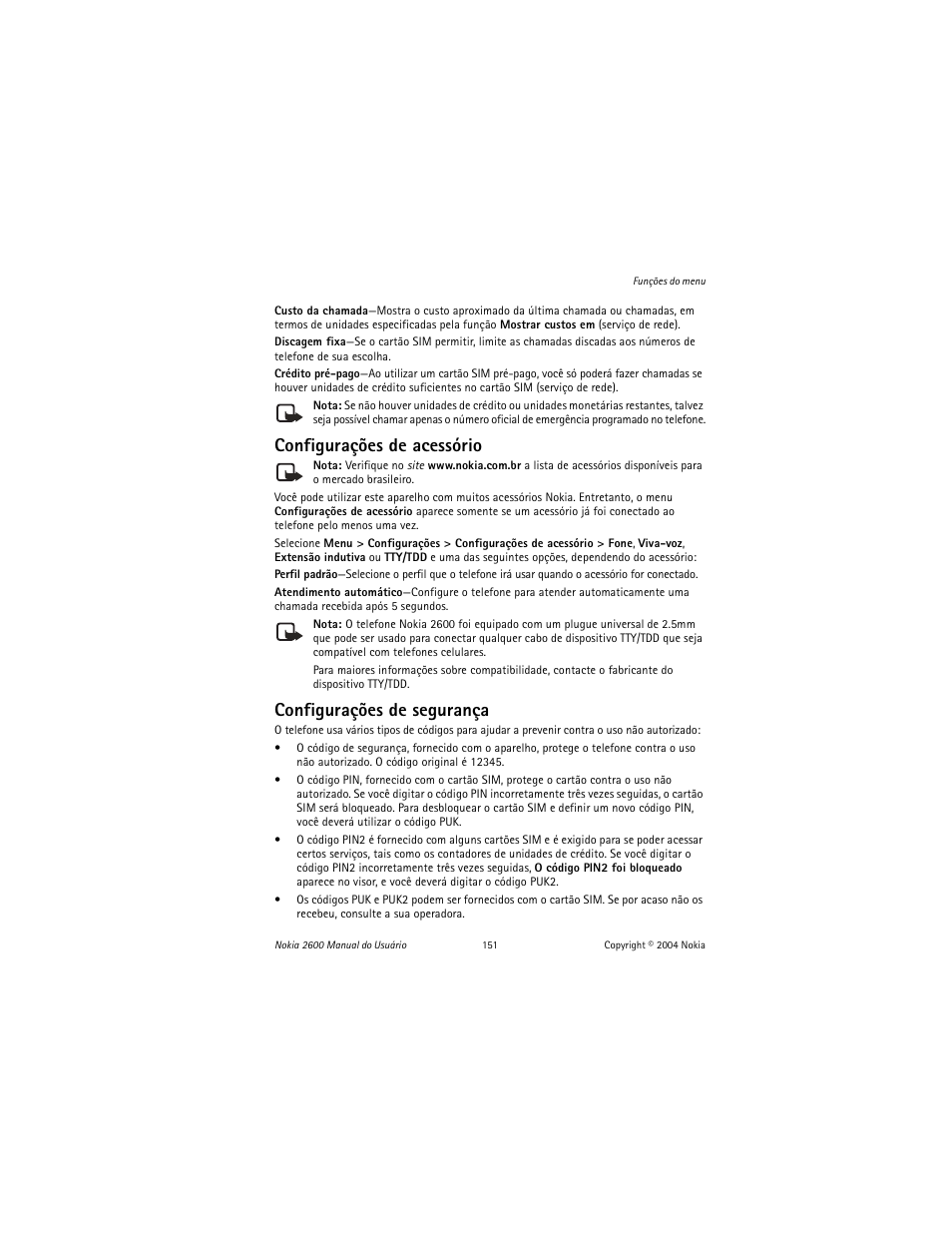 Configurações de acessório, Configurações de segurança | Nokia 2600 User Manual | Page 152 / 185