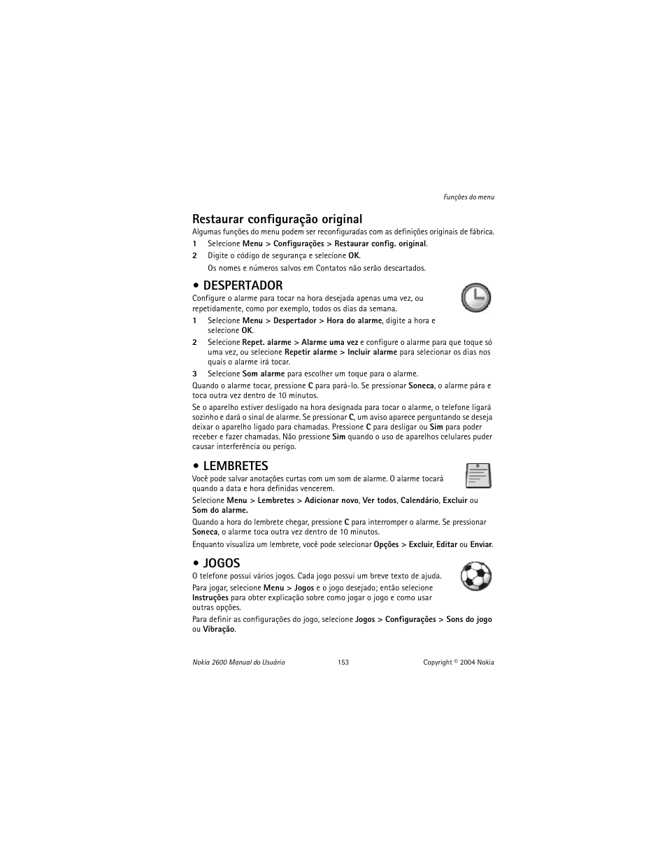 Despertador, Lembretes, Jogos | Despertador lembretes jogos, Restaurar configuração original | Nokia 2600 User Manual | Page 154 / 185