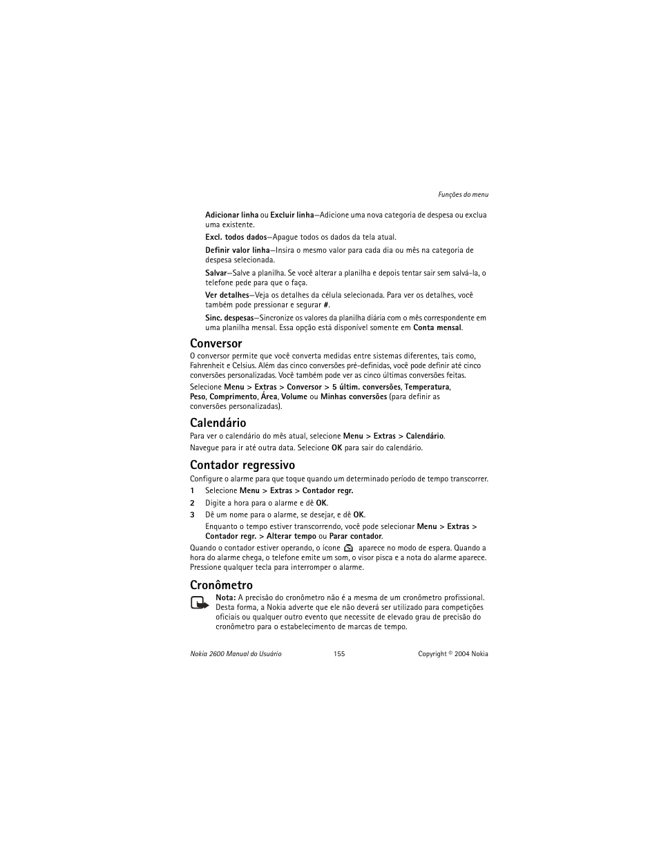 Conversor, Calendário, Contador regressivo | Cronômetro | Nokia 2600 User Manual | Page 156 / 185
