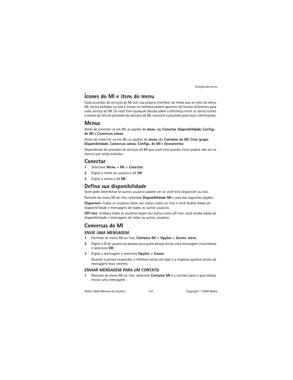 Ícones do mi e itens do menu, Menus, Conectar | Defina sua disponibilidade, Conversas do mi | Nokia 2600 User Manual | Page 158 / 185
