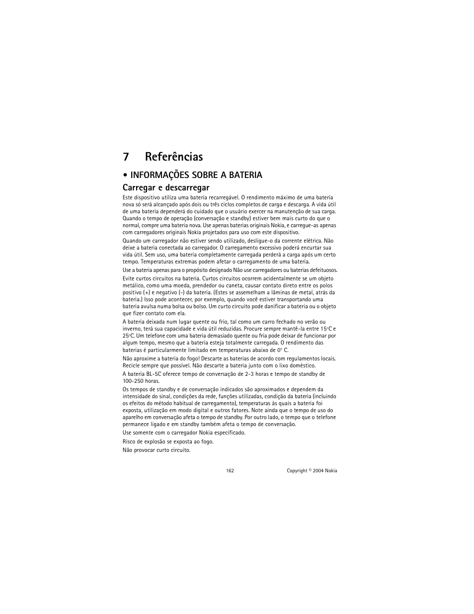 7 referências, Informações sobre a bateria, Referências | 7referências, Informações sobre a bateria carregar e descarregar | Nokia 2600 User Manual | Page 163 / 185