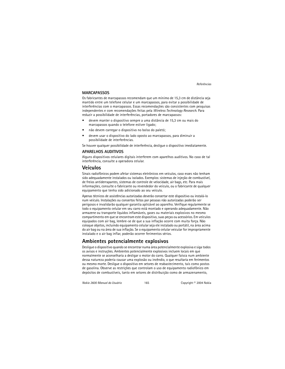 Veículos, Ambientes potencialmente explosivos | Nokia 2600 User Manual | Page 166 / 185