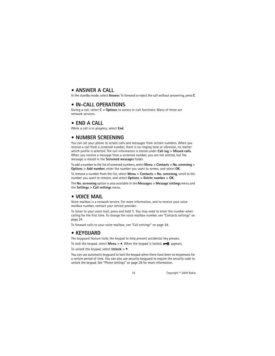 Answer a call, In-call operations, End a call | Number screening, Voice mail, Keyguard | Nokia 2600 User Manual | Page 17 / 185