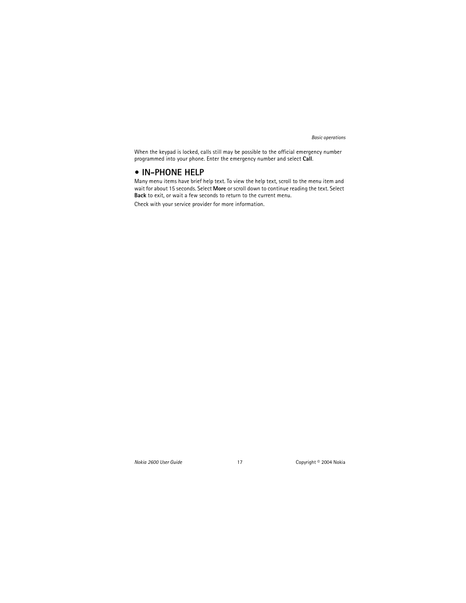 In-phone help | Nokia 2600 User Manual | Page 18 / 185