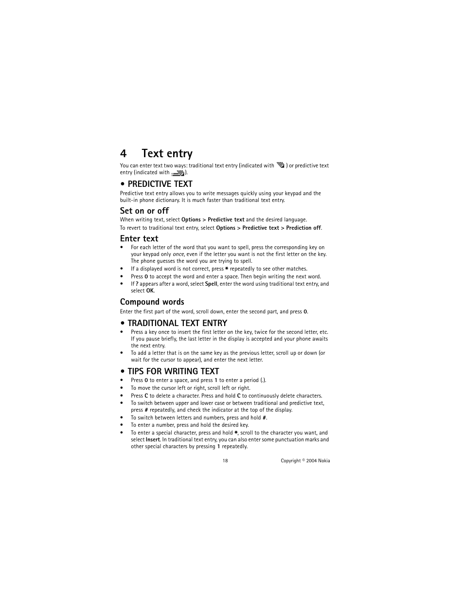 4 text entry, Predictive text, Traditional text entry | Tips for writing text, Text entry, 4text entry, Set on or off, Enter text, Compound words | Nokia 2600 User Manual | Page 19 / 185