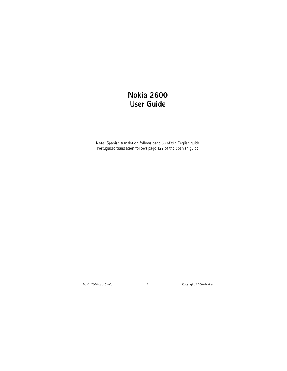 English, Nokia 2600 user guide, Spanish | Portuguese | Nokia 2600 User Manual | Page 2 / 185