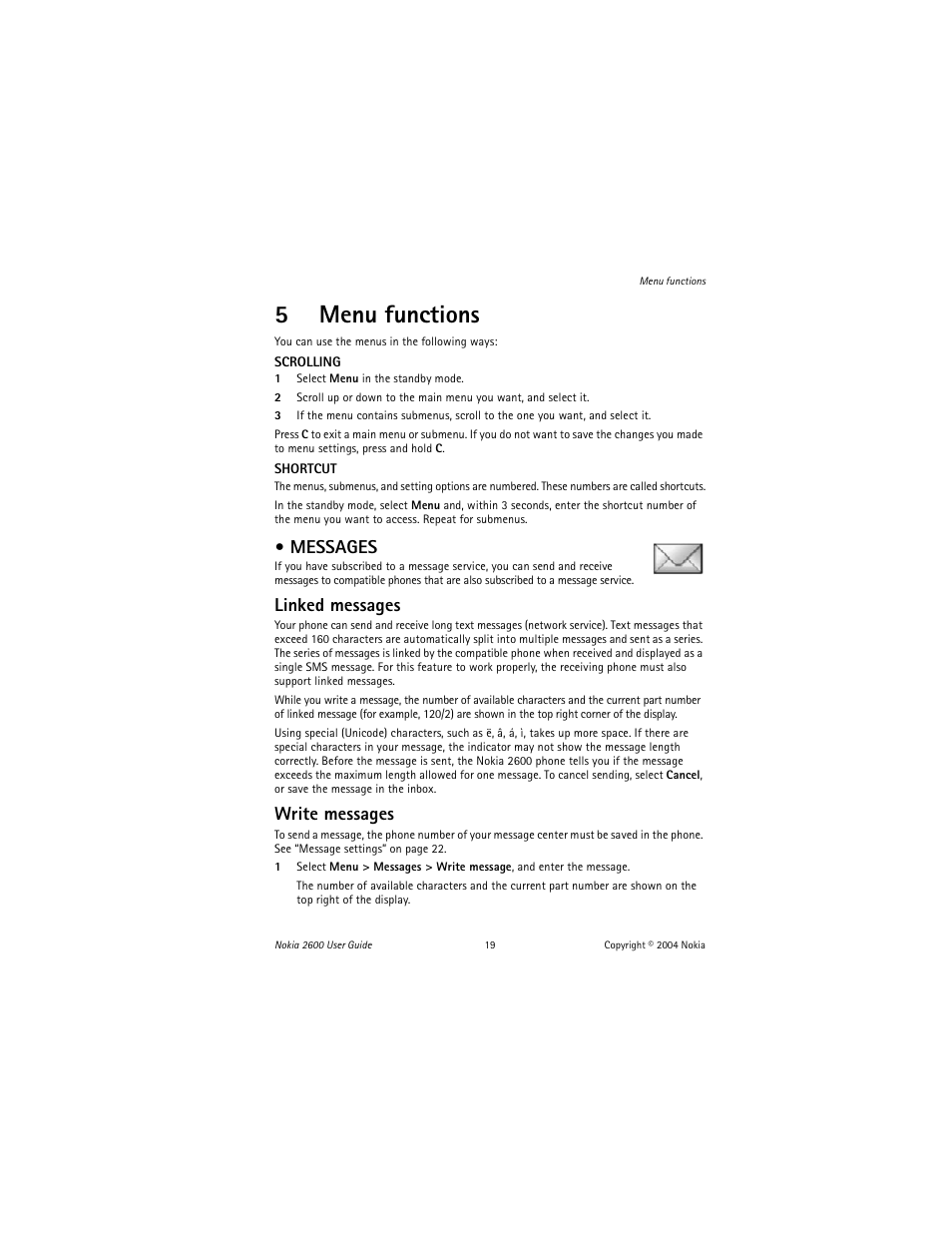 5 menu functions, Messages, Menu functions | 5menu functions, Linked messages, Write messages | Nokia 2600 User Manual | Page 20 / 185