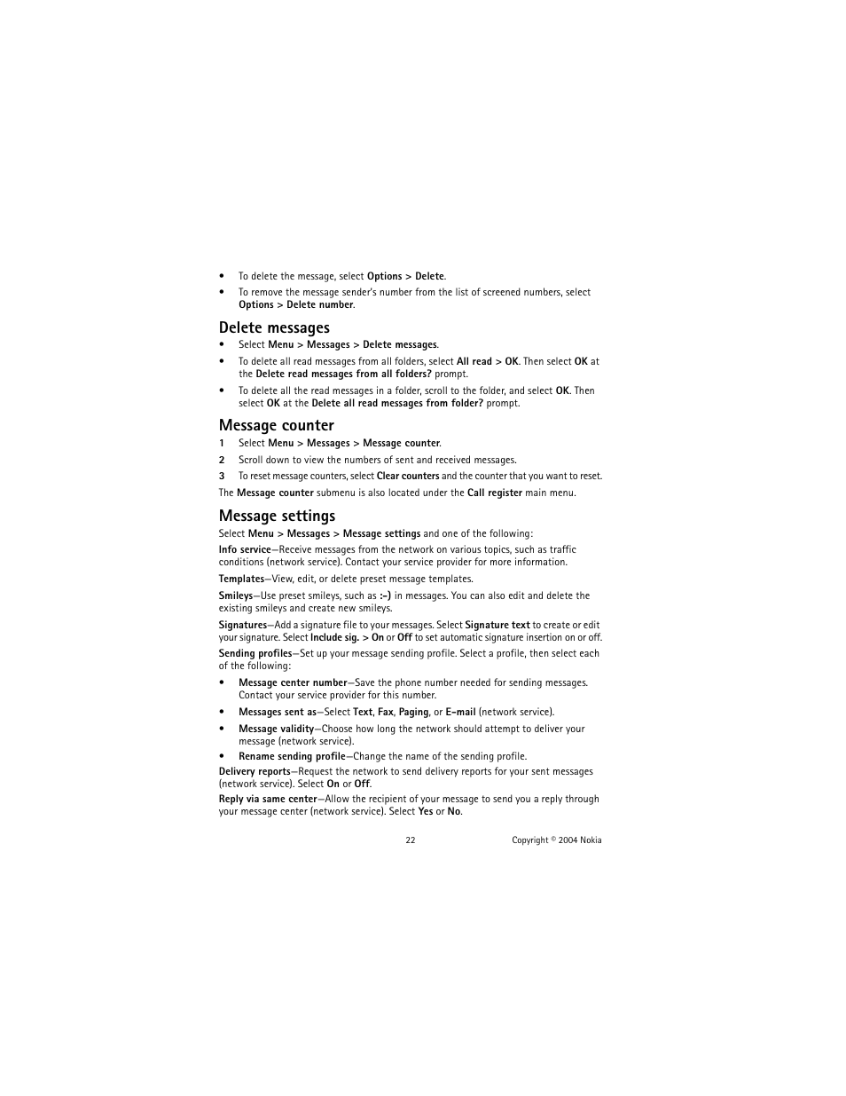 Delete messages, Message counter, Message settings | Nokia 2600 User Manual | Page 23 / 185