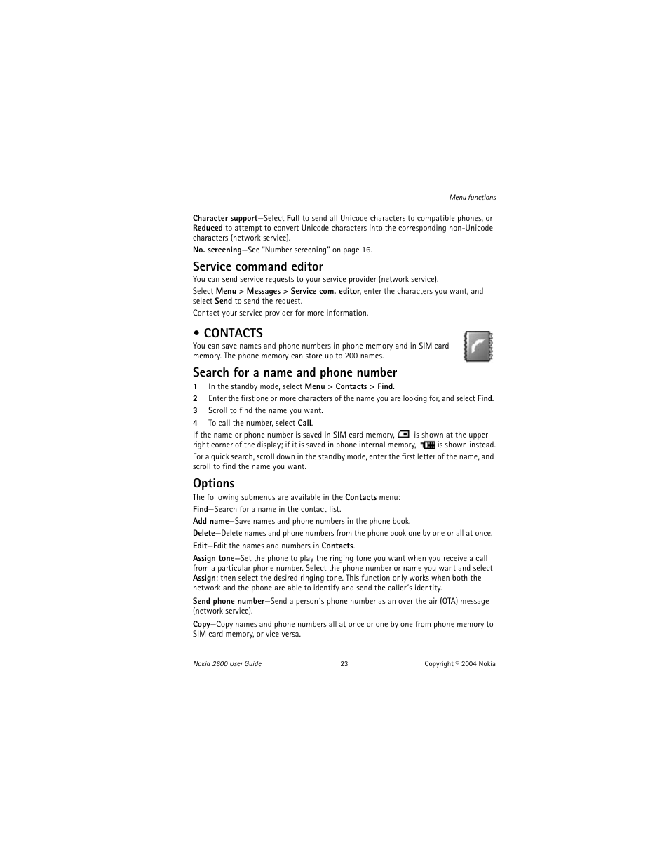 Contacts, Service command editor, Search for a name and phone number | Options | Nokia 2600 User Manual | Page 24 / 185