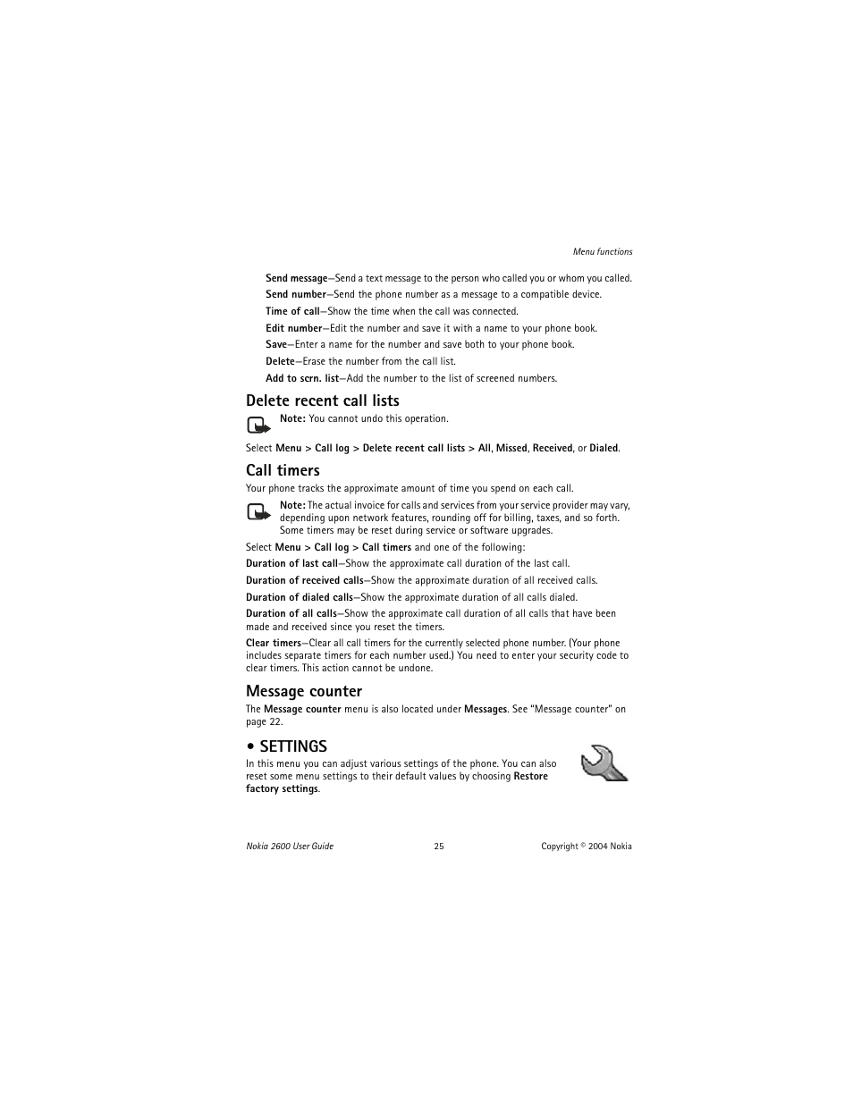 Settings, Delete recent call lists, Call timers | Message counter | Nokia 2600 User Manual | Page 26 / 185