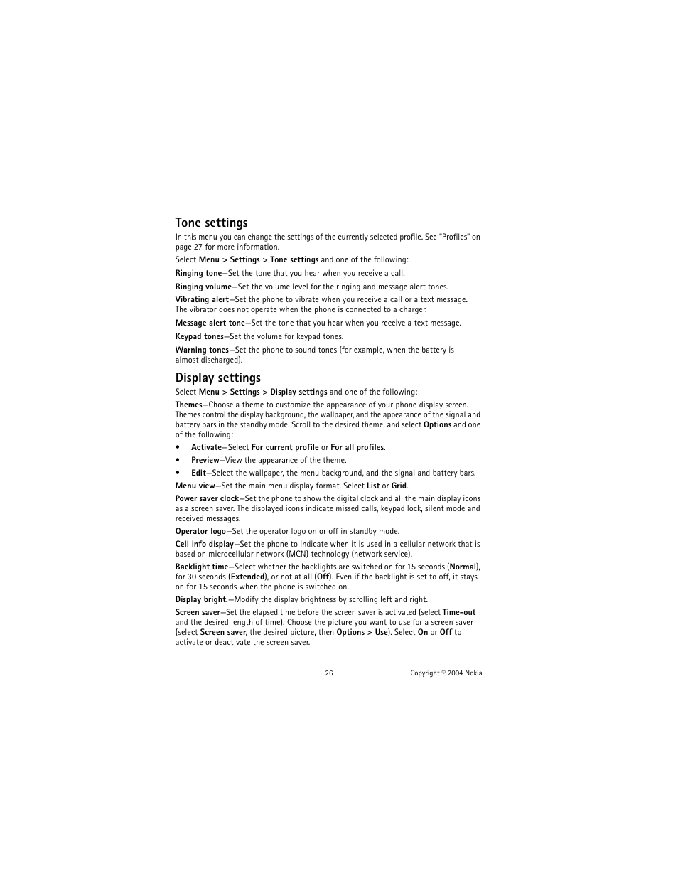 Tone settings, Display settings | Nokia 2600 User Manual | Page 27 / 185