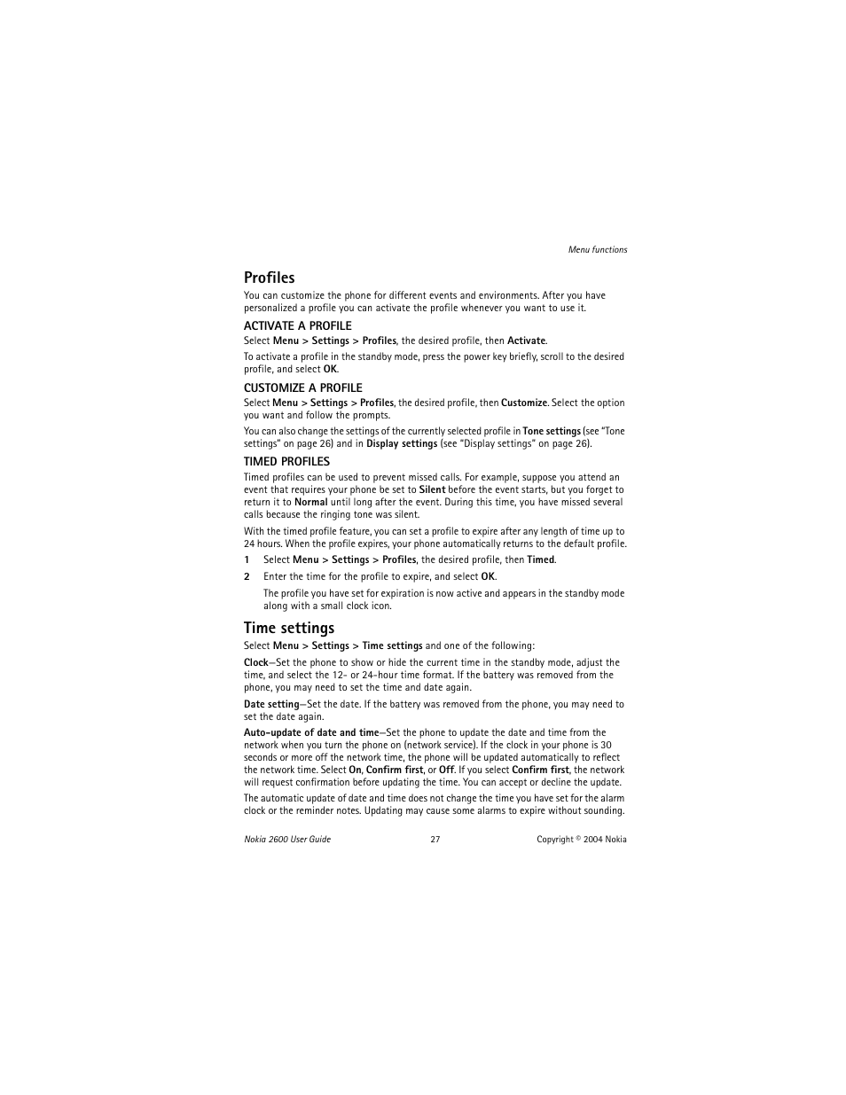 Profiles, Time settings | Nokia 2600 User Manual | Page 28 / 185