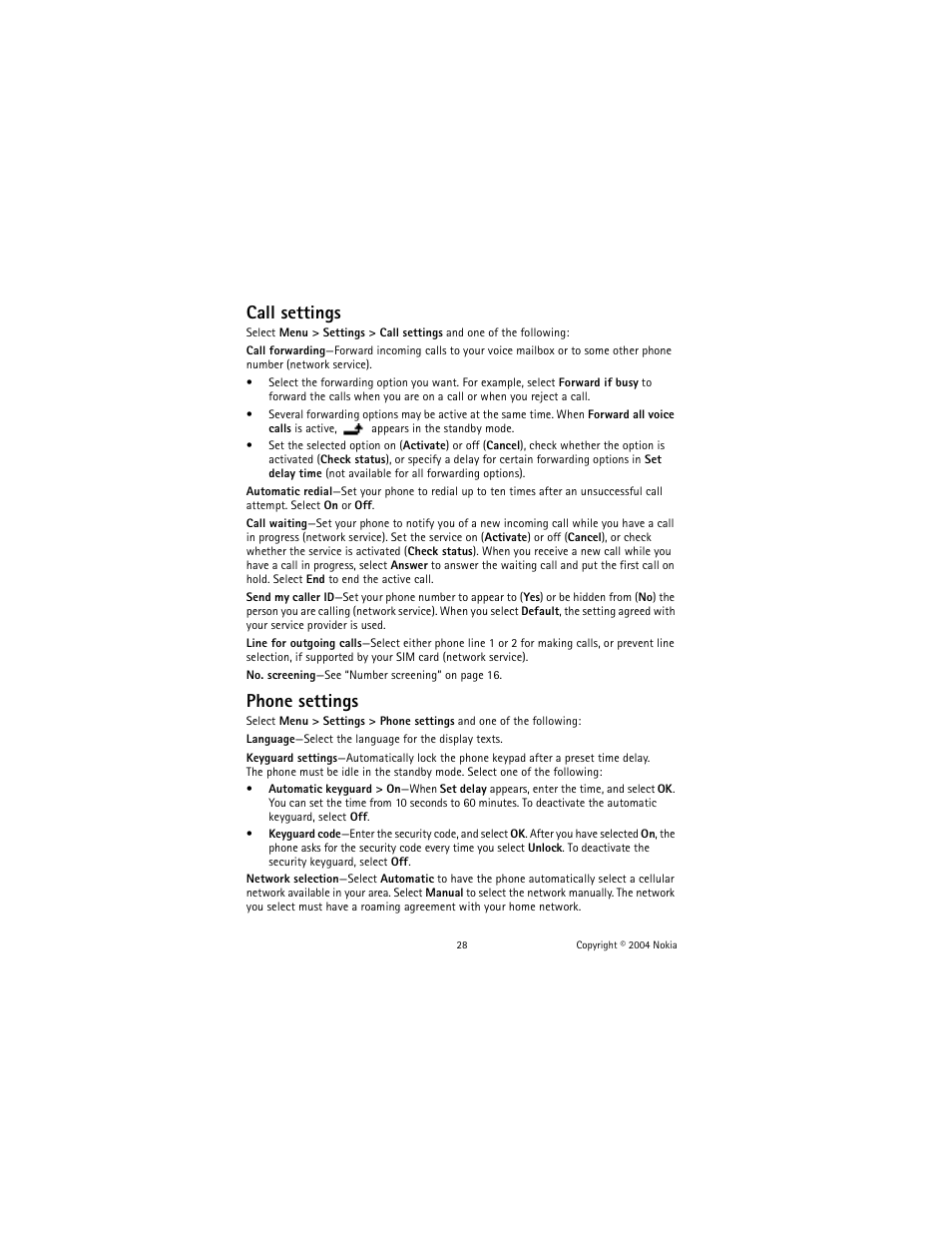 Call settings, Phone settings | Nokia 2600 User Manual | Page 29 / 185