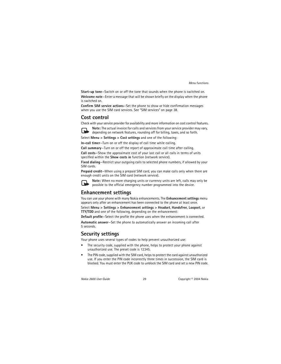 Cost control, Enhancement settings, Security settings | Nokia 2600 User Manual | Page 30 / 185