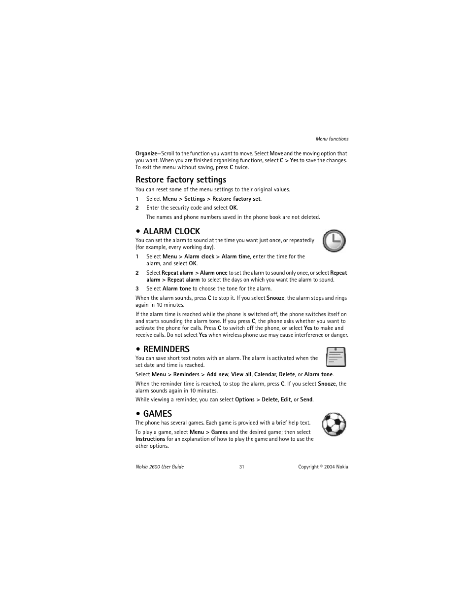 Alarm clock, Reminders, Games | Alarm clock reminders games, Restore factory settings | Nokia 2600 User Manual | Page 32 / 185