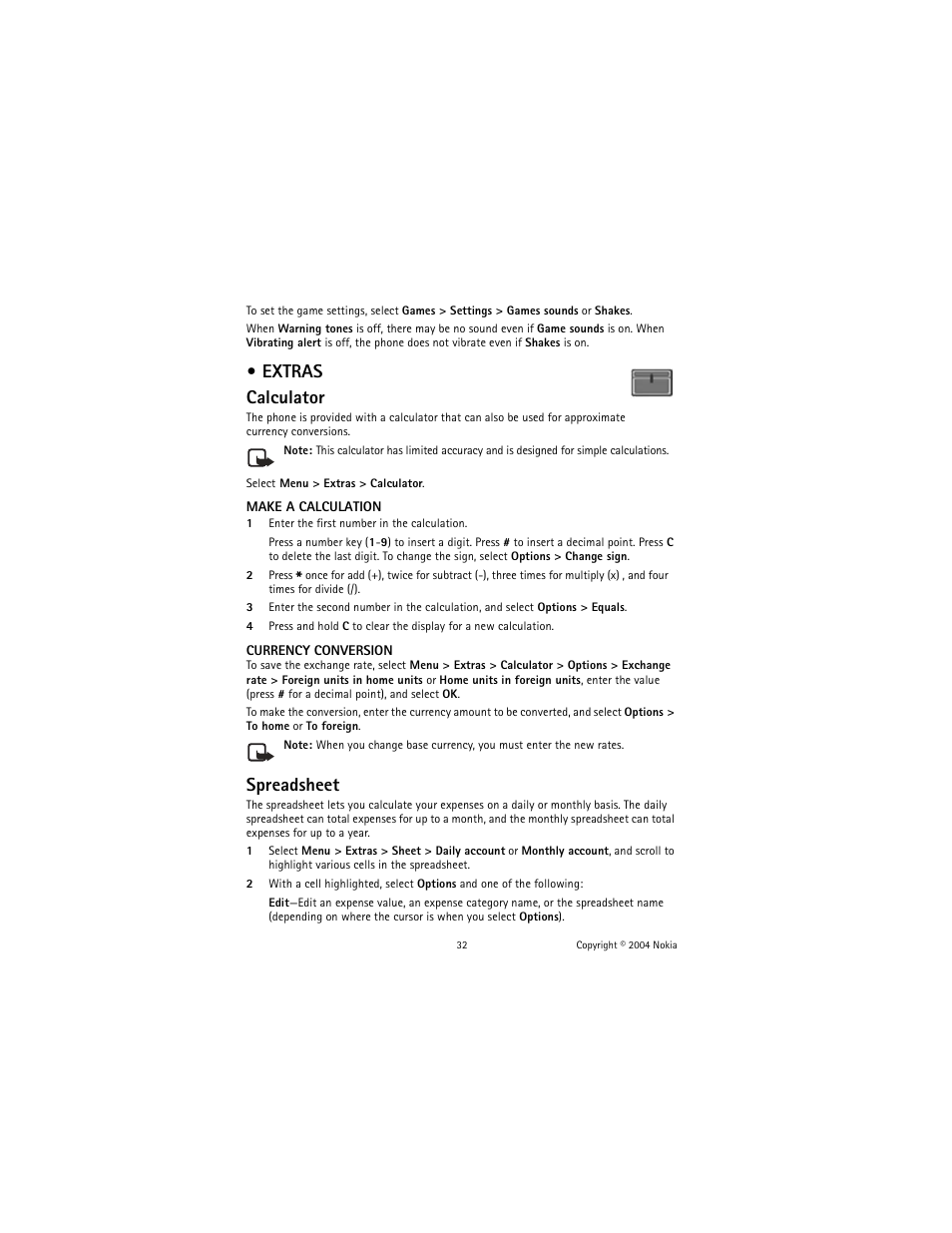 Extras, Extras calculator, Spreadsheet | Nokia 2600 User Manual | Page 33 / 185