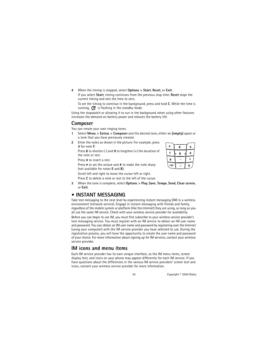 Instant messaging, Composer, Im icons and menu items | Nokia 2600 User Manual | Page 35 / 185