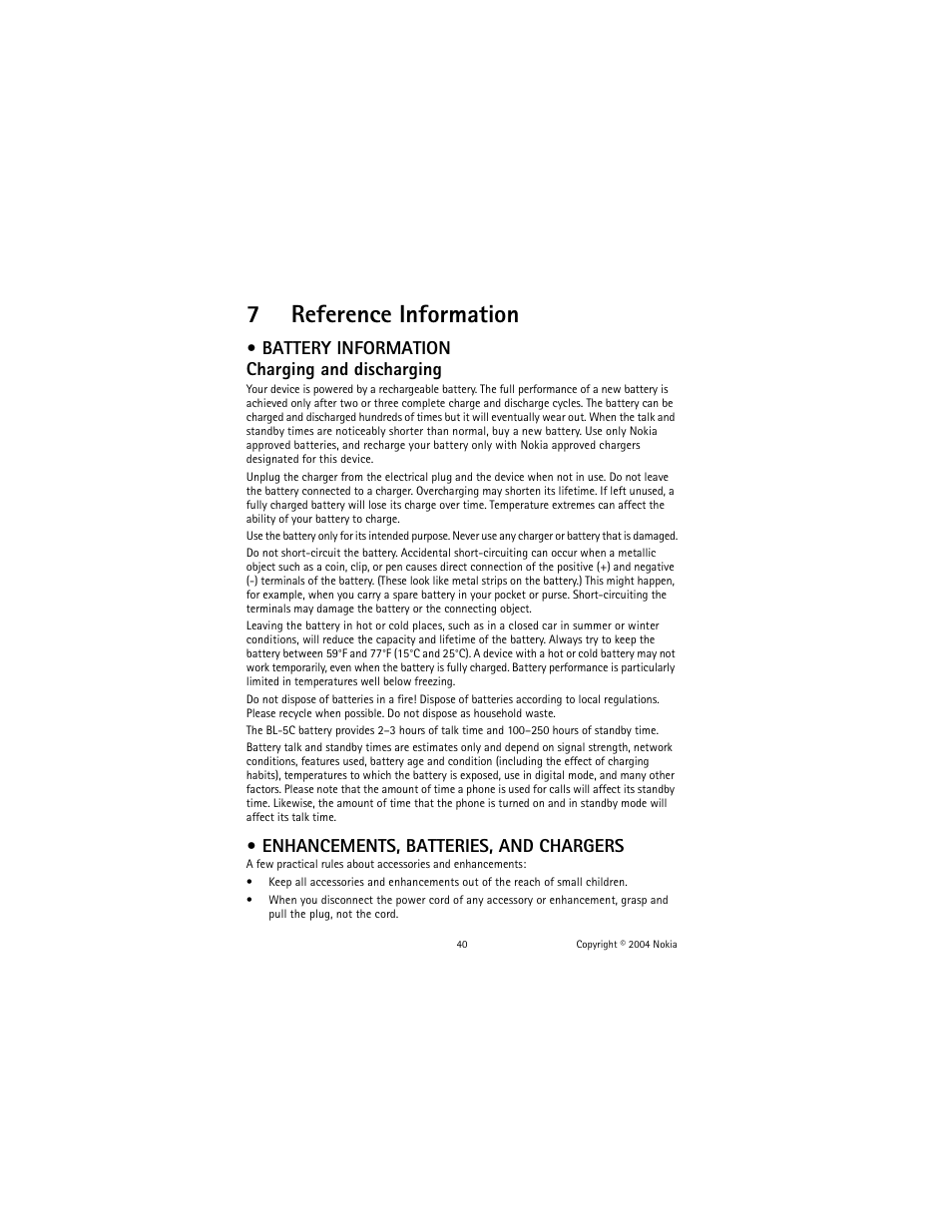 7 reference information, Battery information, Enhancements, batteries, and chargers | Reference information, 7reference information, Battery information charging and discharging | Nokia 2600 User Manual | Page 41 / 185