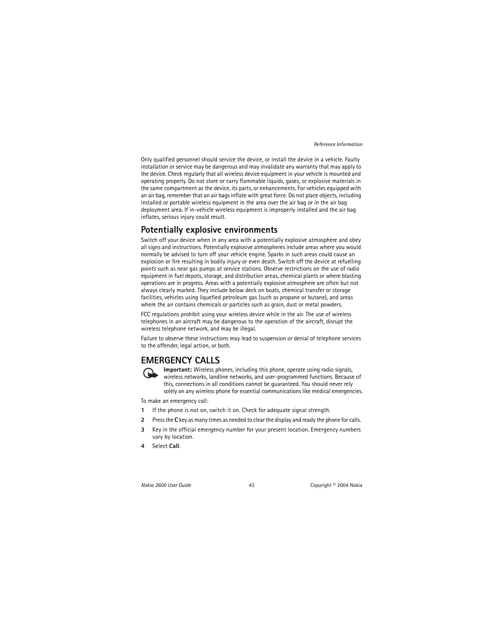 Potentially explosive environments, Emergency calls | Nokia 2600 User Manual | Page 44 / 185