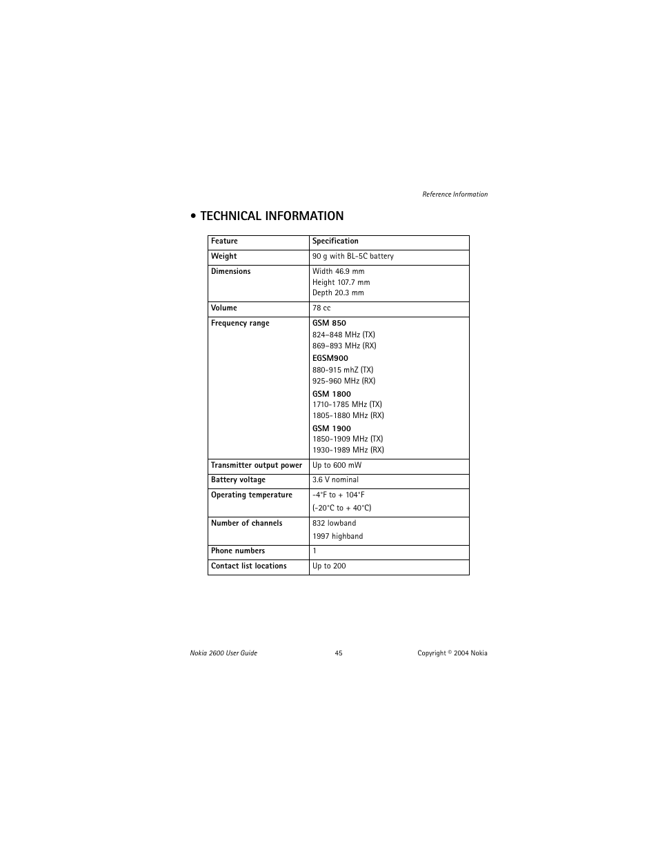 Technical information | Nokia 2600 User Manual | Page 46 / 185