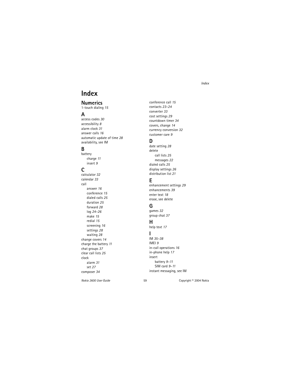 Index, Numerics | Nokia 2600 User Manual | Page 60 / 185