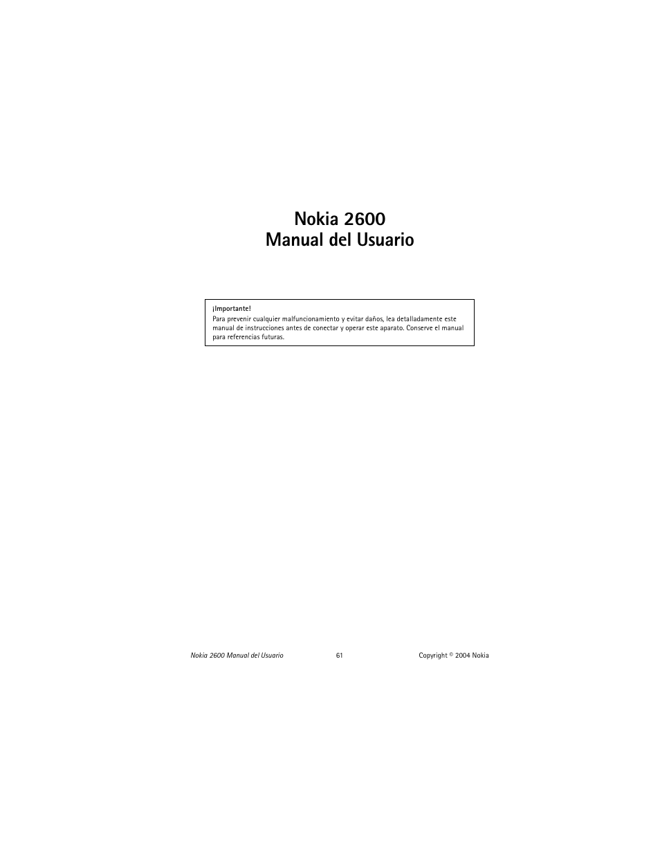 Nokia 2600 manual del usuario | Nokia 2600 User Manual | Page 62 / 185