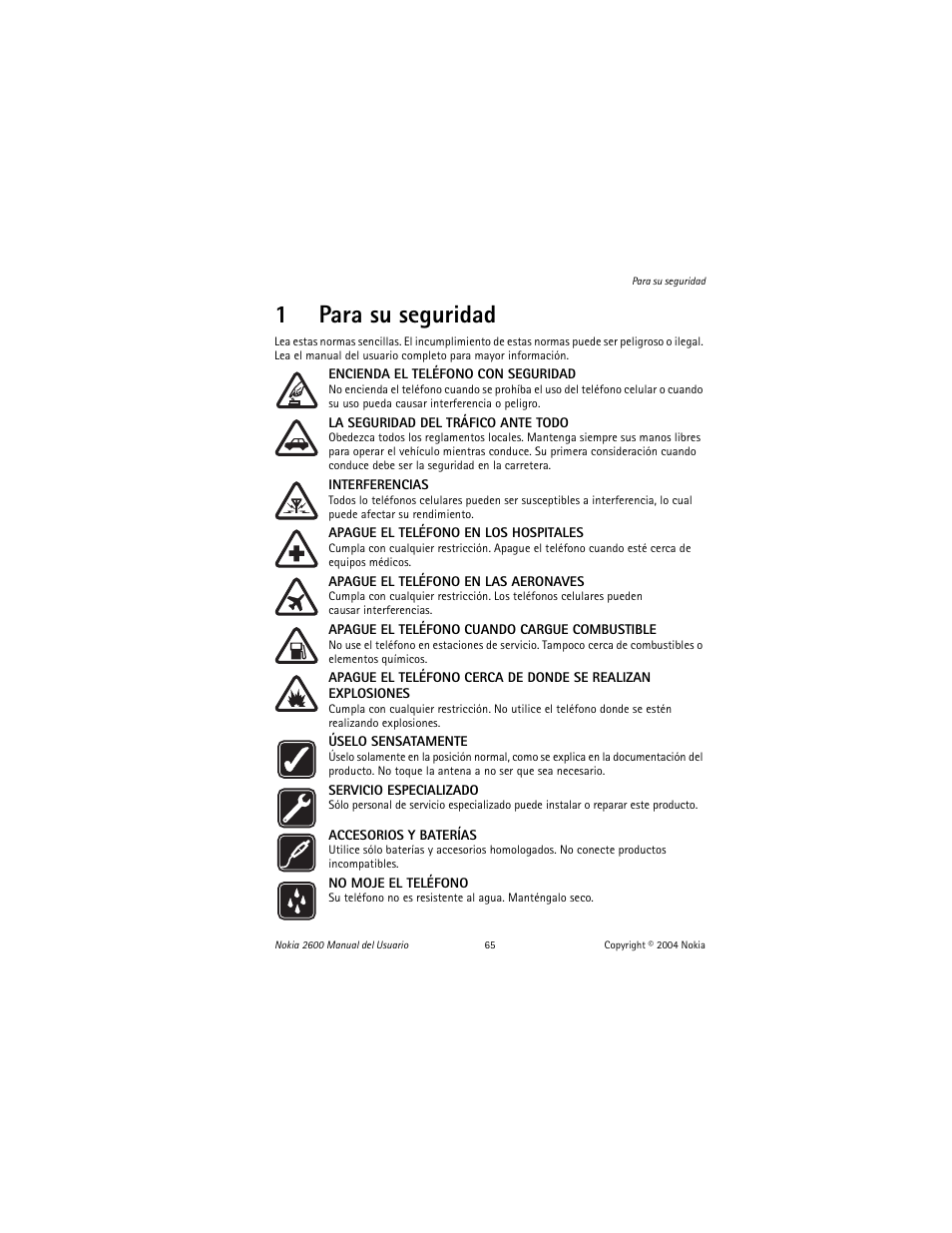 1 para su seguridad, Para su seguridad, 1para su seguridad | Nokia 2600 User Manual | Page 66 / 185