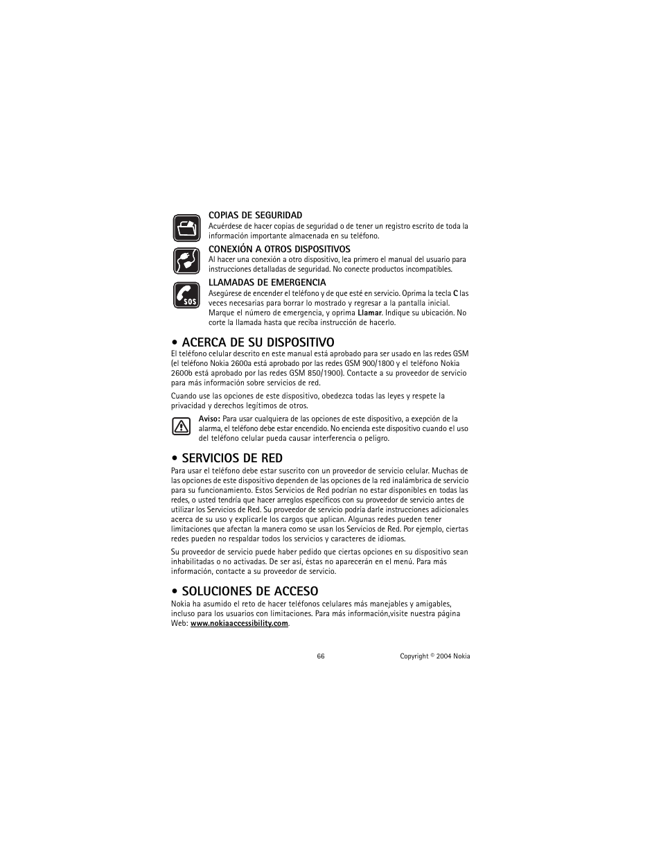 Acerca de su dispositivo, Servicios de red, Soluciones de acceso | Nokia 2600 User Manual | Page 67 / 185