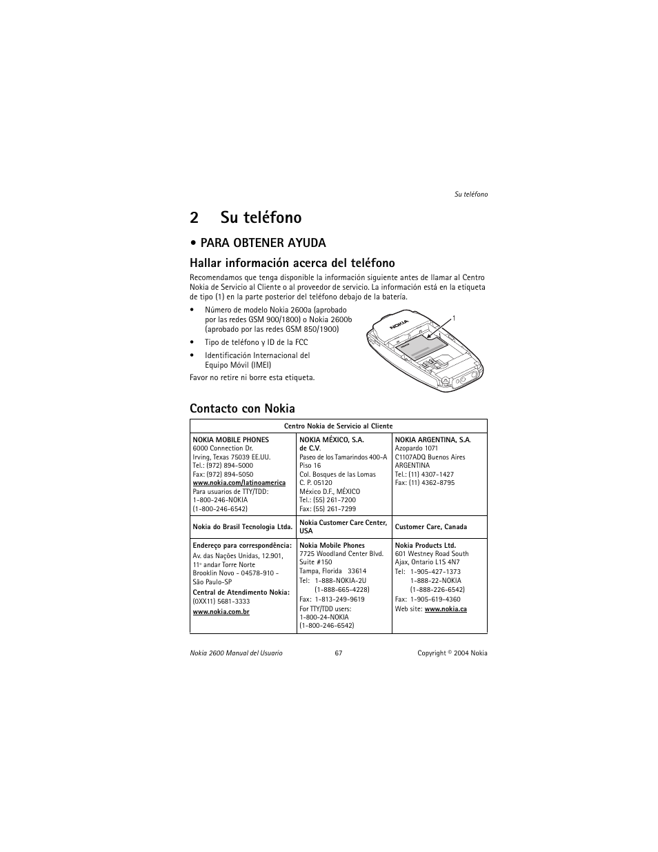 2 su teléfono, Para obtener ayuda, Su teléfono | 2su teléfono, Contacto con nokia | Nokia 2600 User Manual | Page 68 / 185