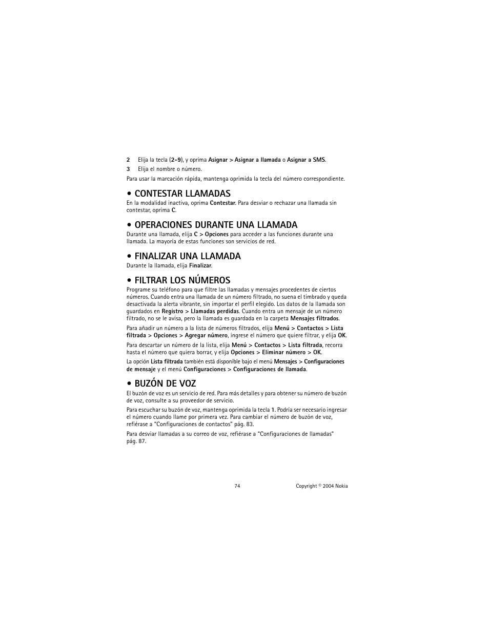 Contestar llamadas, Operaciones durante una llamada, Finalizar una llamada | Filtrar los números, Buzón de voz | Nokia 2600 User Manual | Page 75 / 185