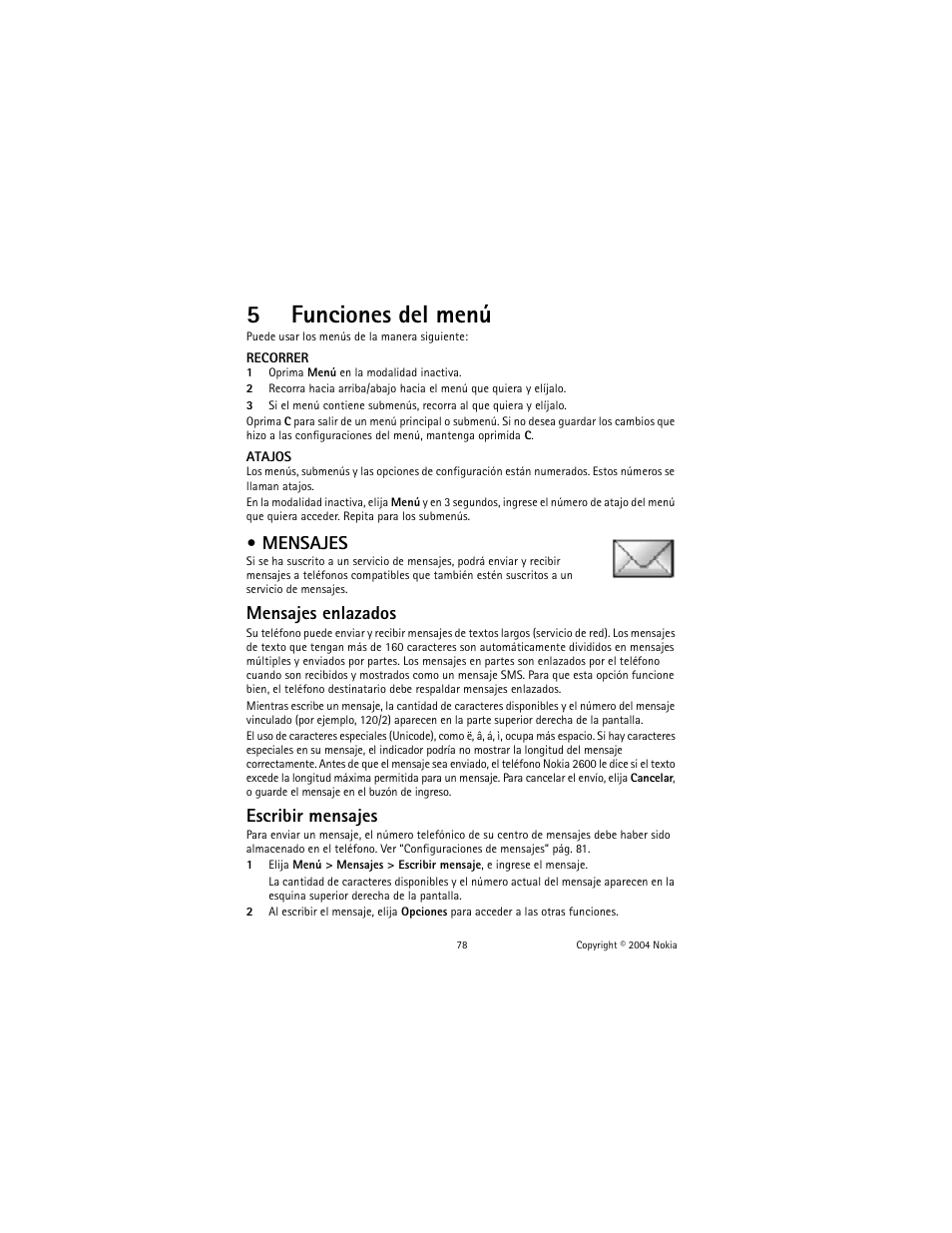 5 funciones del menú, Mensajes, Funciones del menú | 5funciones del menú, Mensajes enlazados, Escribir mensajes | Nokia 2600 User Manual | Page 79 / 185