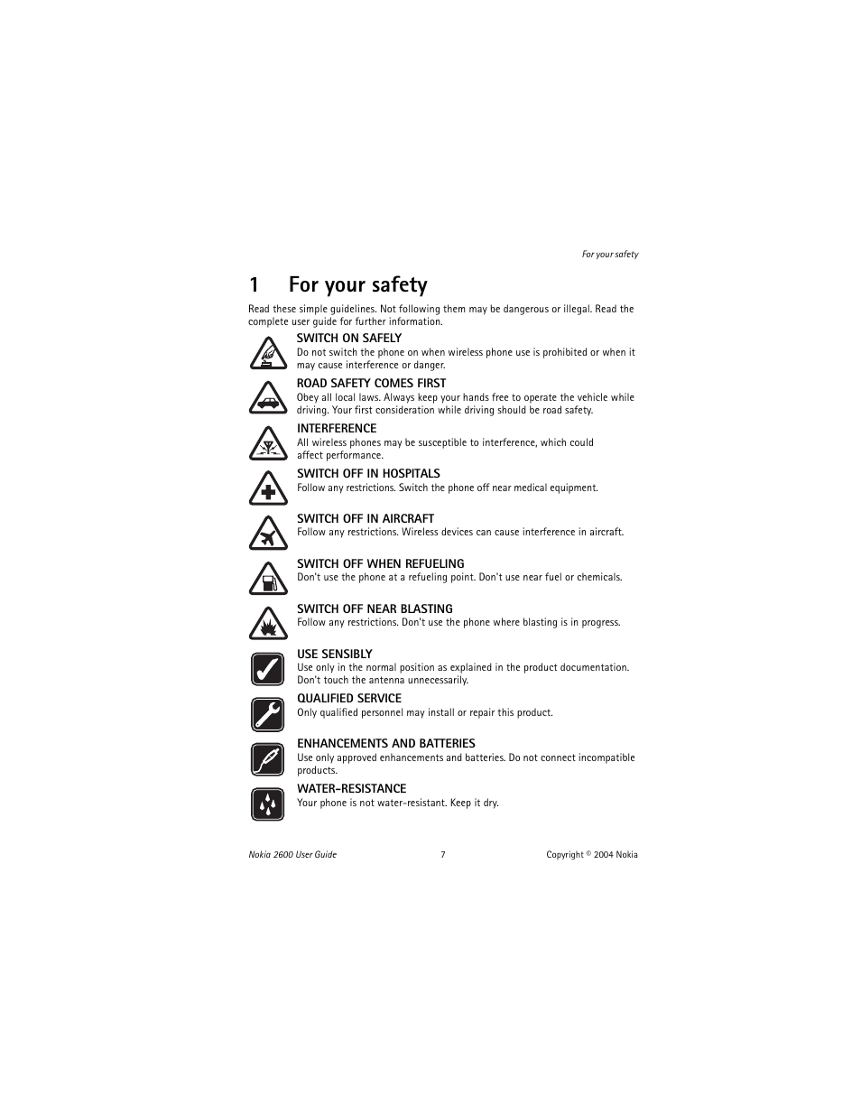 1 for your safety, For your safety, 1for your safety | Nokia 2600 User Manual | Page 8 / 185