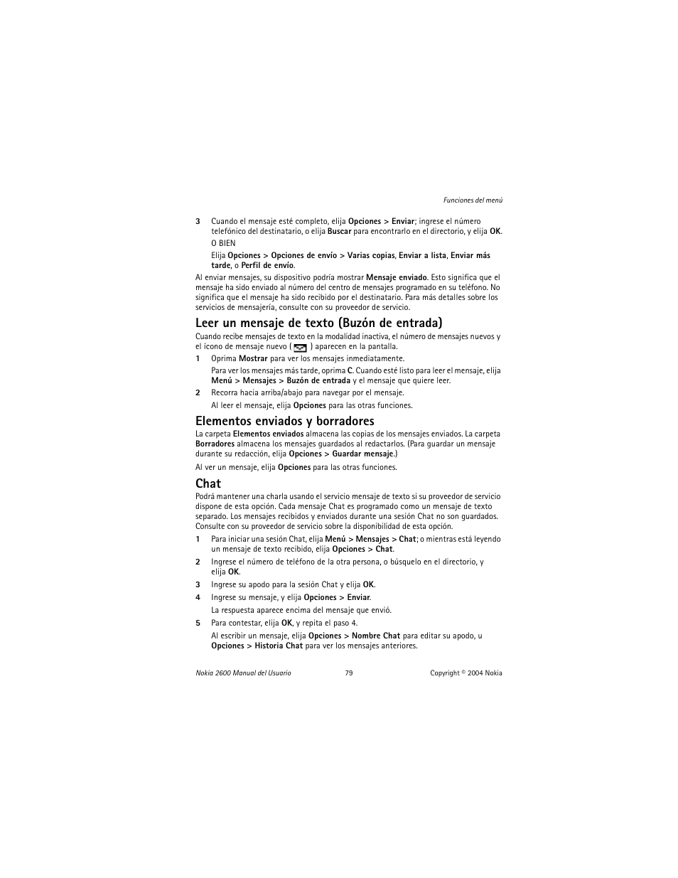Leer un mensaje de texto (buzón de entrada), Elementos enviados y borradores, Chat | Nokia 2600 User Manual | Page 80 / 185