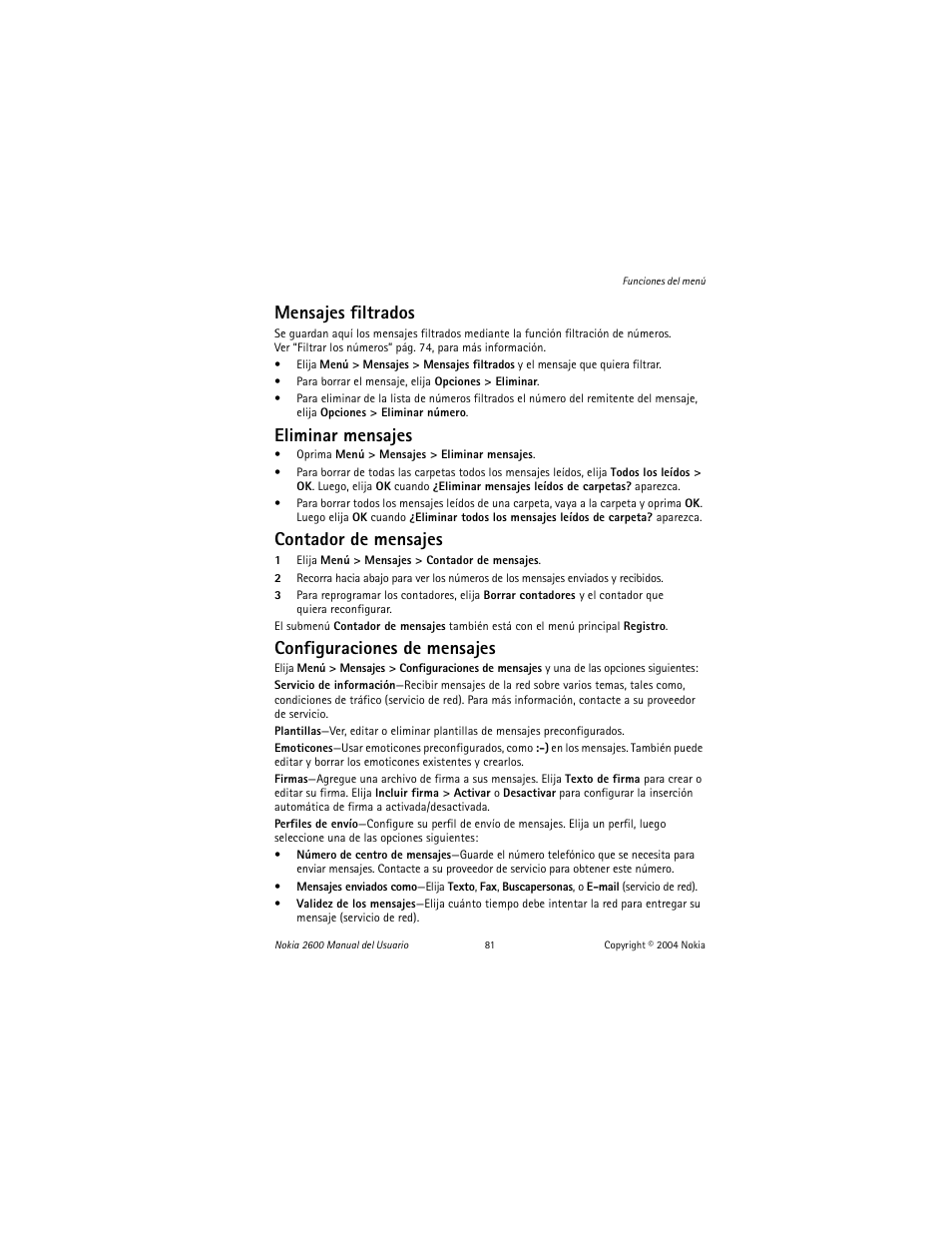 Mensajes filtrados, Eliminar mensajes, Contador de mensajes | Configuraciones de mensajes | Nokia 2600 User Manual | Page 82 / 185