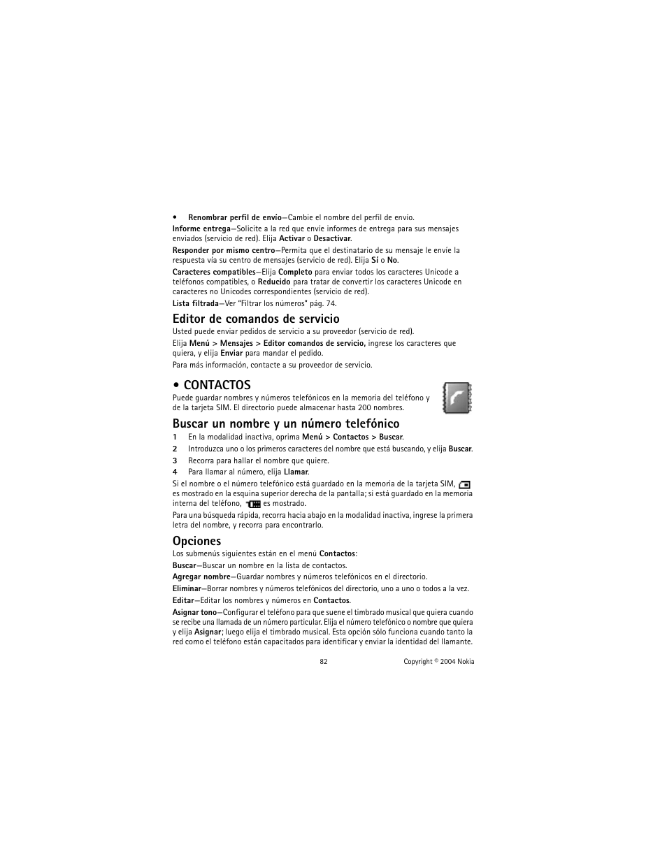 Contactos, Editor de comandos de servicio, Buscar un nombre y un número telefónico | Opciones | Nokia 2600 User Manual | Page 83 / 185