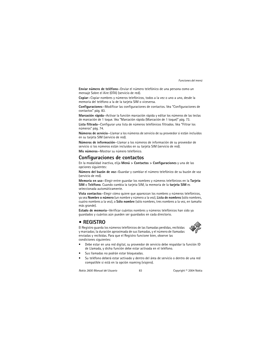 Registro, Configuraciones de contactos | Nokia 2600 User Manual | Page 84 / 185