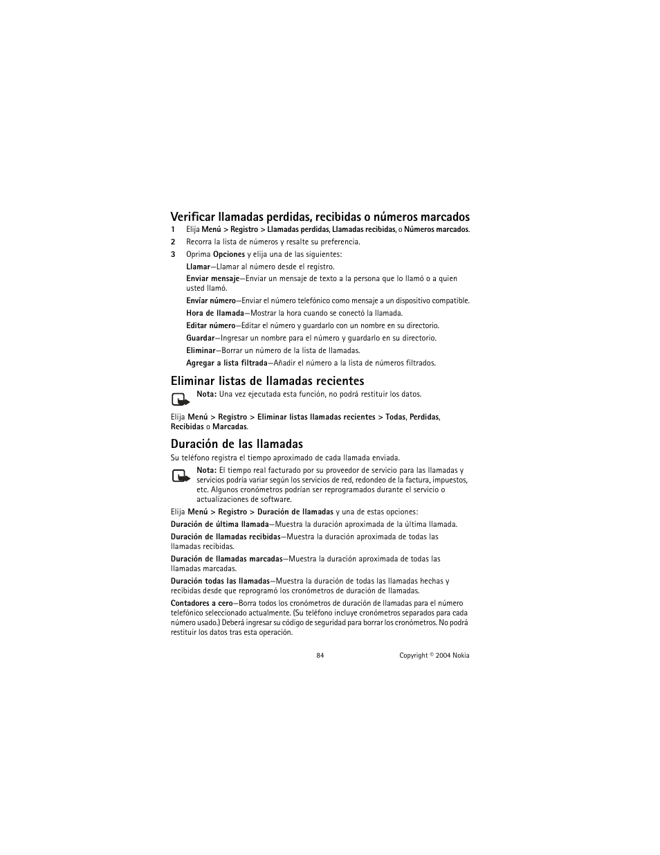 Eliminar listas de llamadas recientes, Duración de las llamadas | Nokia 2600 User Manual | Page 85 / 185