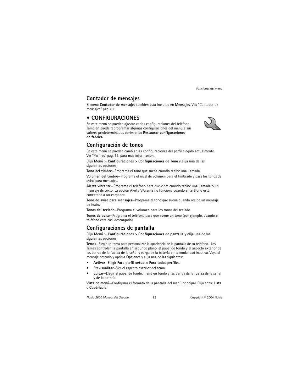 Configuraciones, Contador de mensajes, Configuración de tonos | Configuraciones de pantalla | Nokia 2600 User Manual | Page 86 / 185