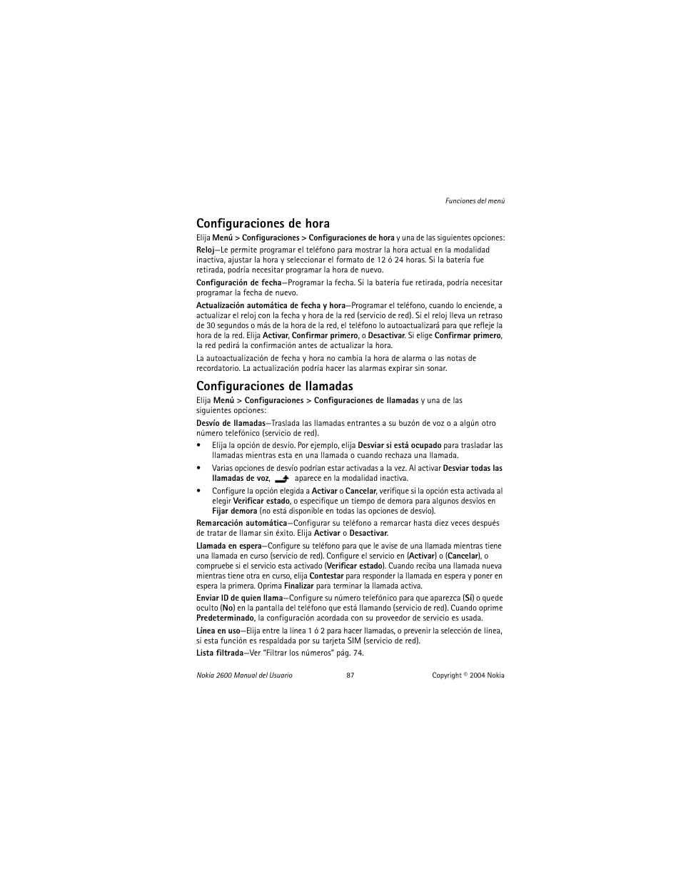 Configuraciones de hora, Configuraciones de llamadas | Nokia 2600 User Manual | Page 88 / 185
